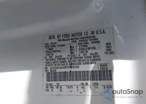 2002 Mazda B3000 Ds из США, поврежденный, VIN 4F4YR16U62TM05765